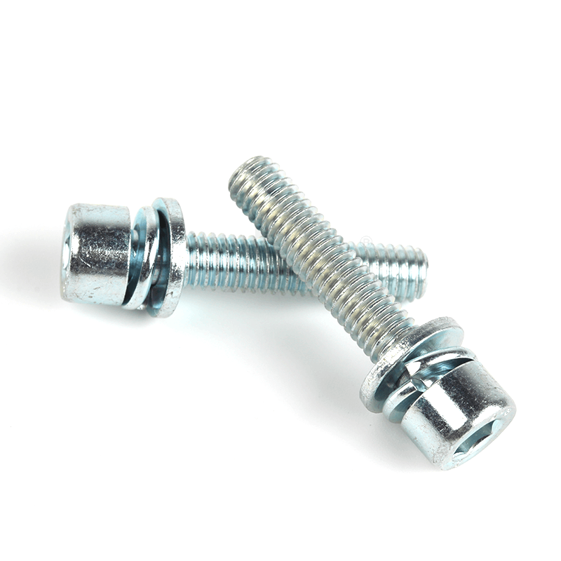 碳鋼8.8級藍白鋅內(nèi)六角圓柱頭帶平彈墊組合螺釘(無滾花)DIN912平彈墊三組合